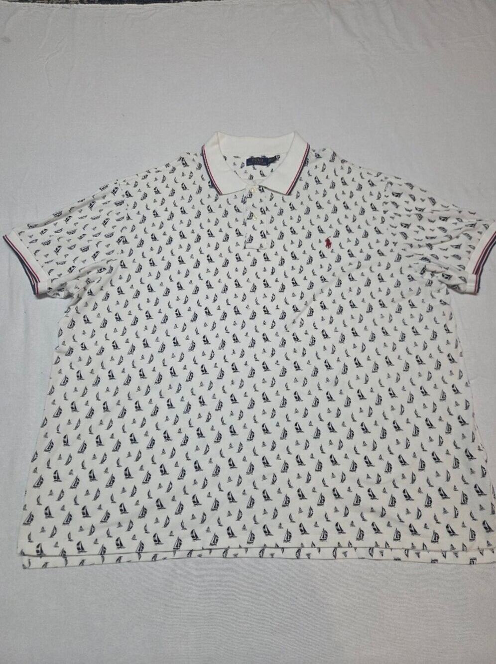 Polo by Ralph Lauren White Polo with Navy Sailboat Print and Red Logo Size 4XB